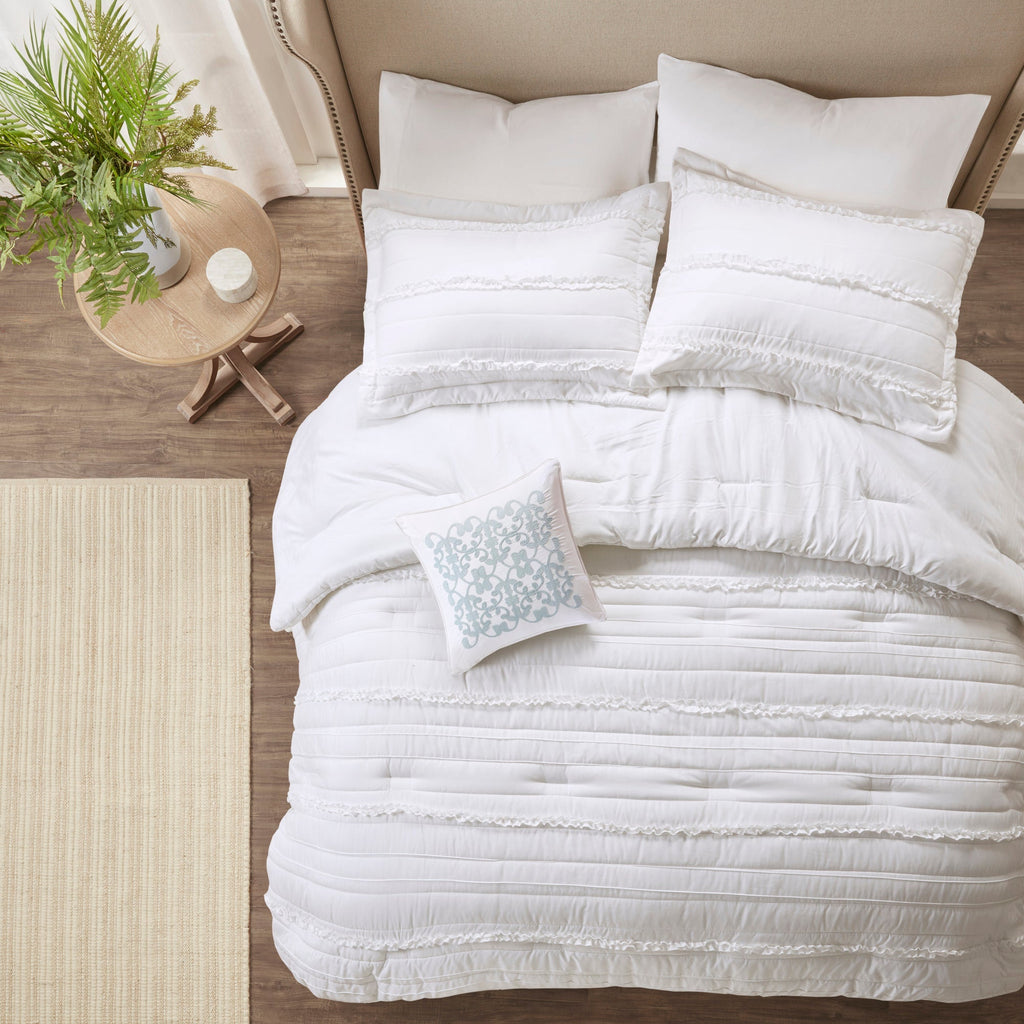 5 Piece Microfiber Ruffled Comforter Set White California King