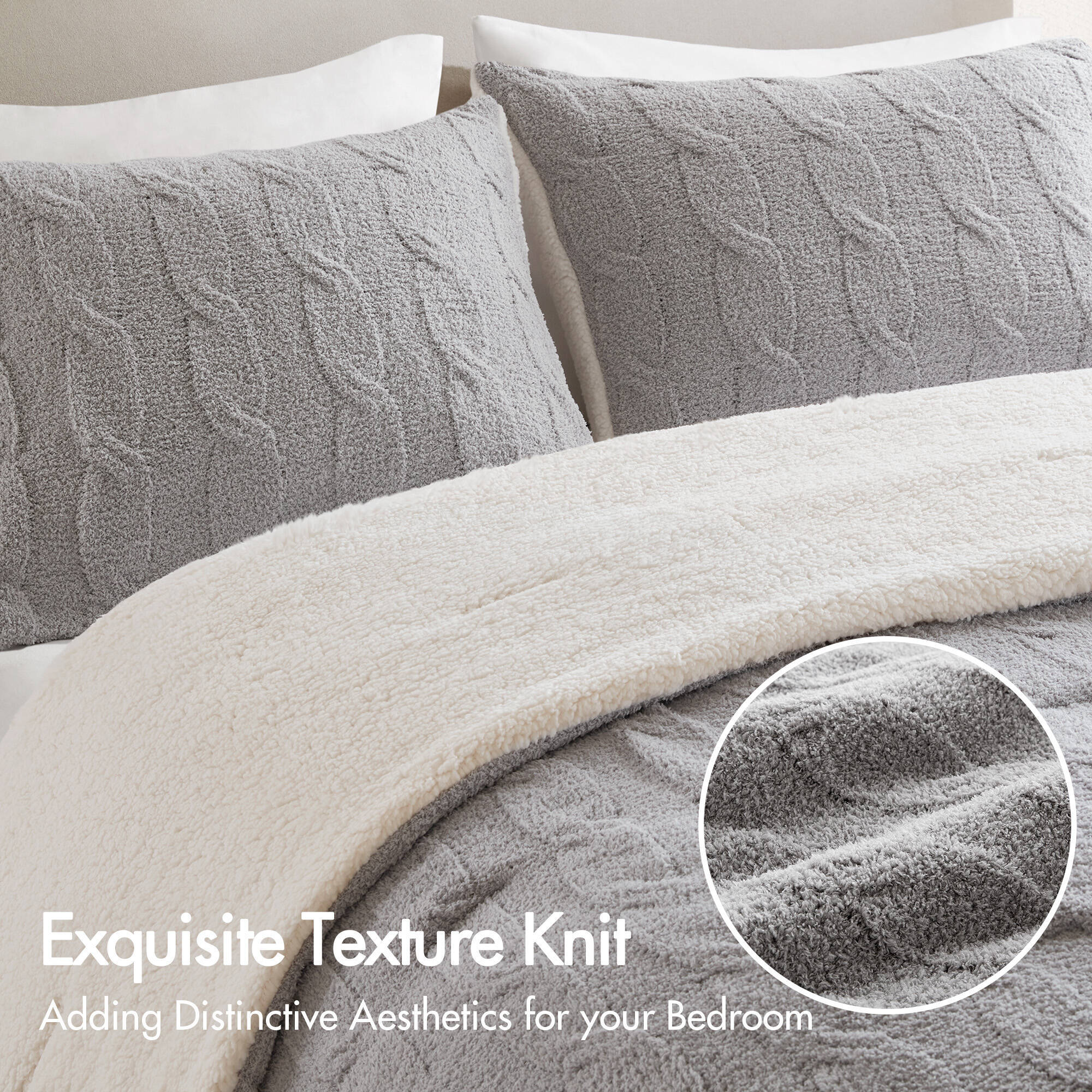 3 Pieces Full/Queen Cable Knit Chenille Comforter Set Gray