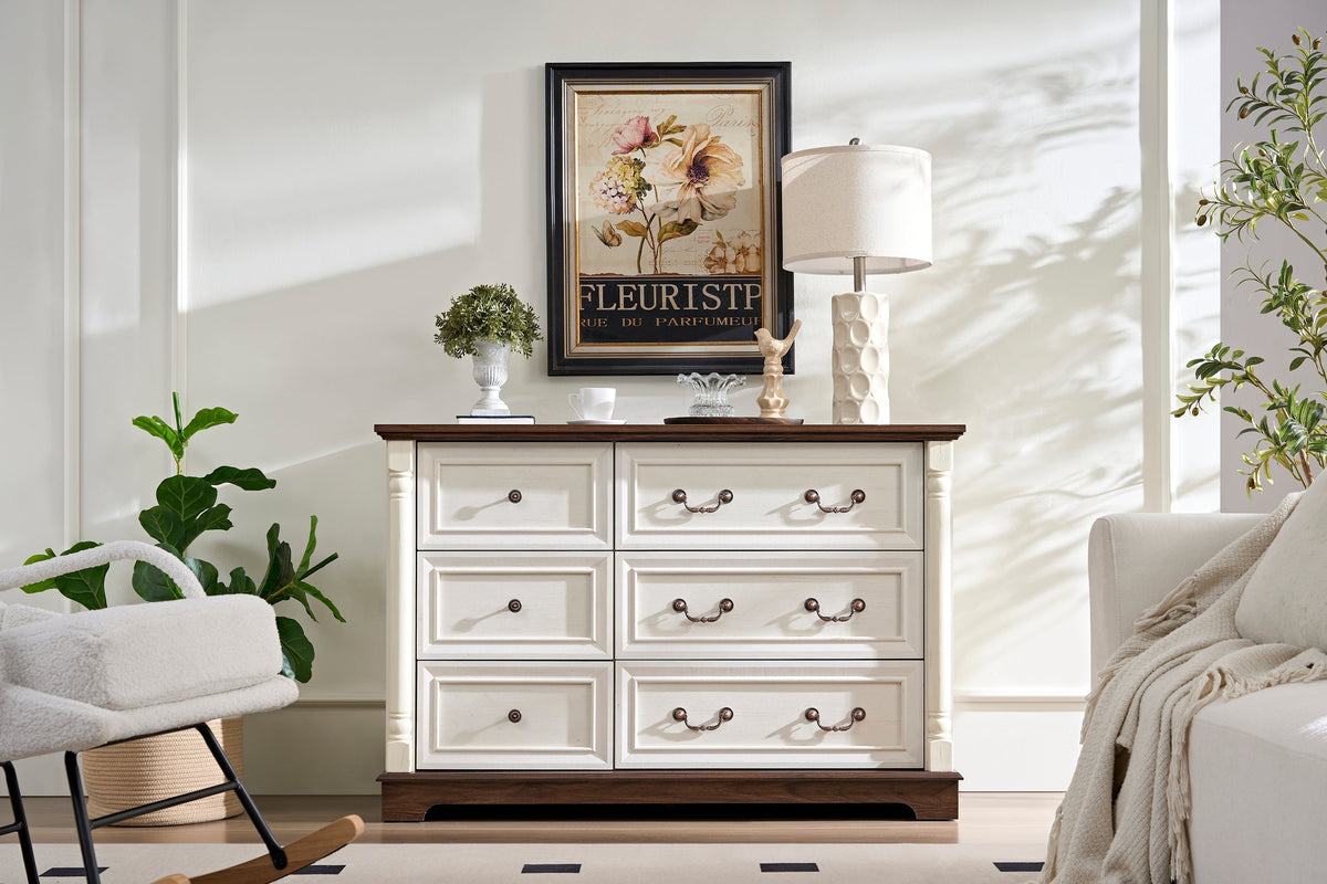 Farmhouse Style 6 Drawer Dresser Chest with Base Wooden Rustic Chest