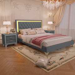 3-Pieces Bedroom Set, Queen Size Upholstered Platform Bed with LED Lights and Two Nightstands - Gray
