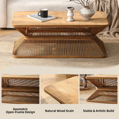 Mid-Century Modern Coffee Table with Woven Bamboo Base
