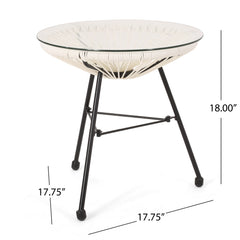 Modern NUSA Side Table with Tempered Glass Top and Polyethylene Rattan Base in White