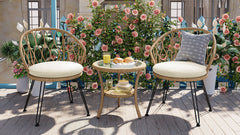 U_STYLE Outdoor Leisure Set, 2 Rattan Single Chairs with Glass Round Table