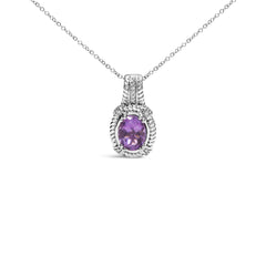 .925 Sterling Silver 9x7mm Oval Purple Amethyst and Round Diamond Accent Fashion Drop Pendant 18 Inch Necklace (I-J Color, I1-I2 Clarity)