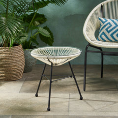 Modern NUSA Side Table with Tempered Glass Top and Polyethylene Rattan Base in White