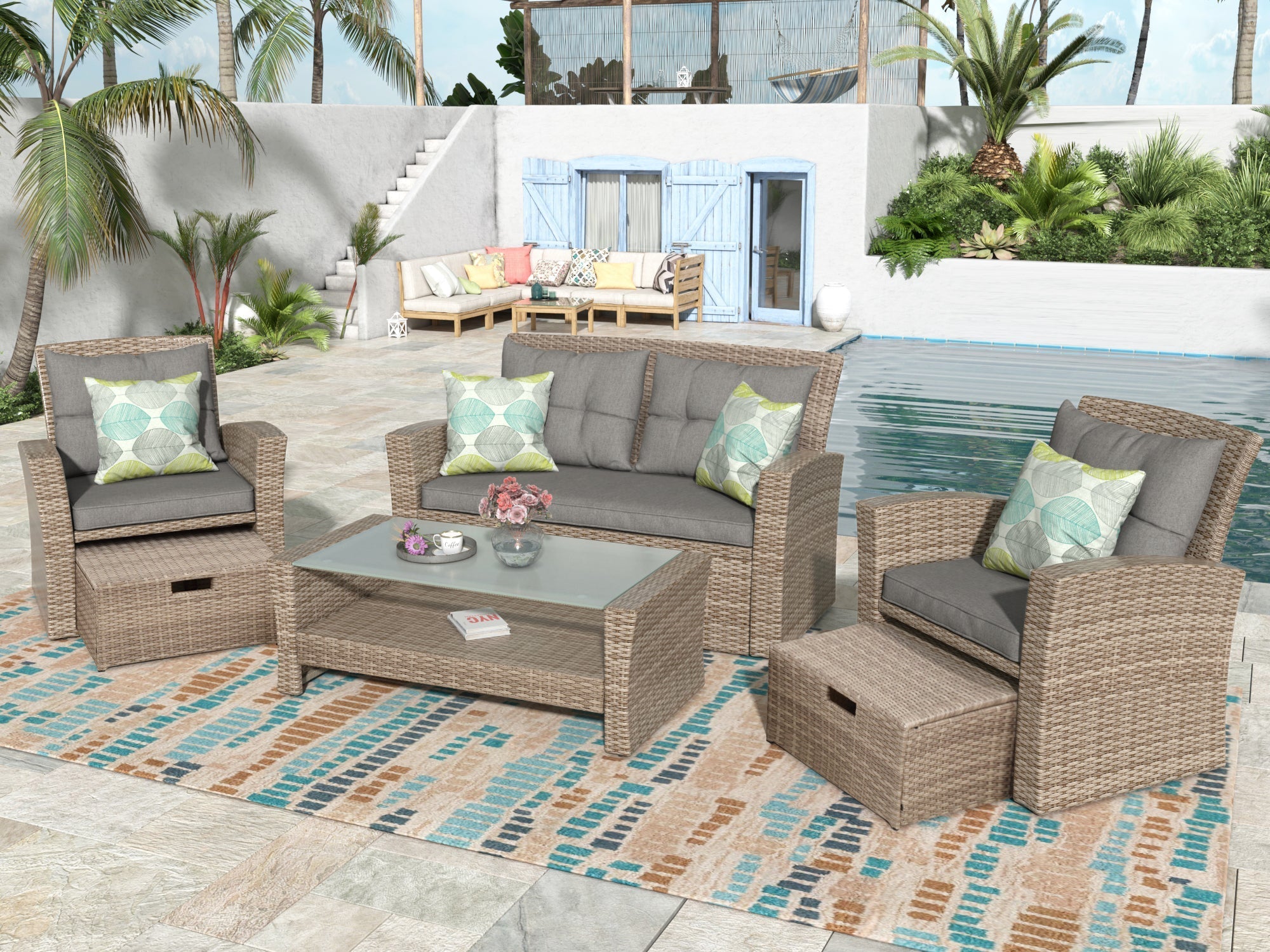 U-Style 4 Piece Outdoor Patio Furniture Set with Ottoman and Cushions