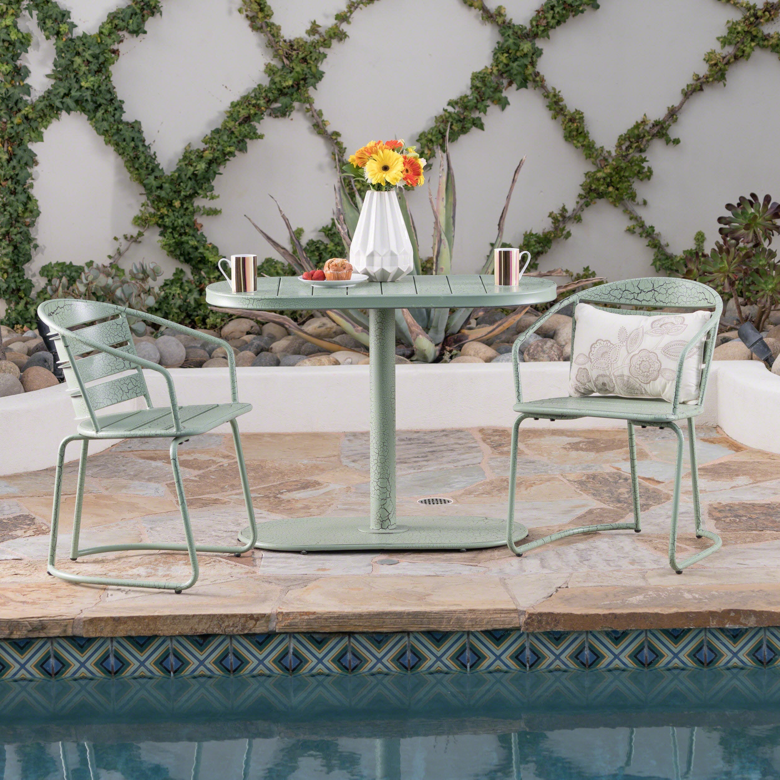 Santa Monica Bistro Set Modern Outdoor Dining Green Iron 3-Piece