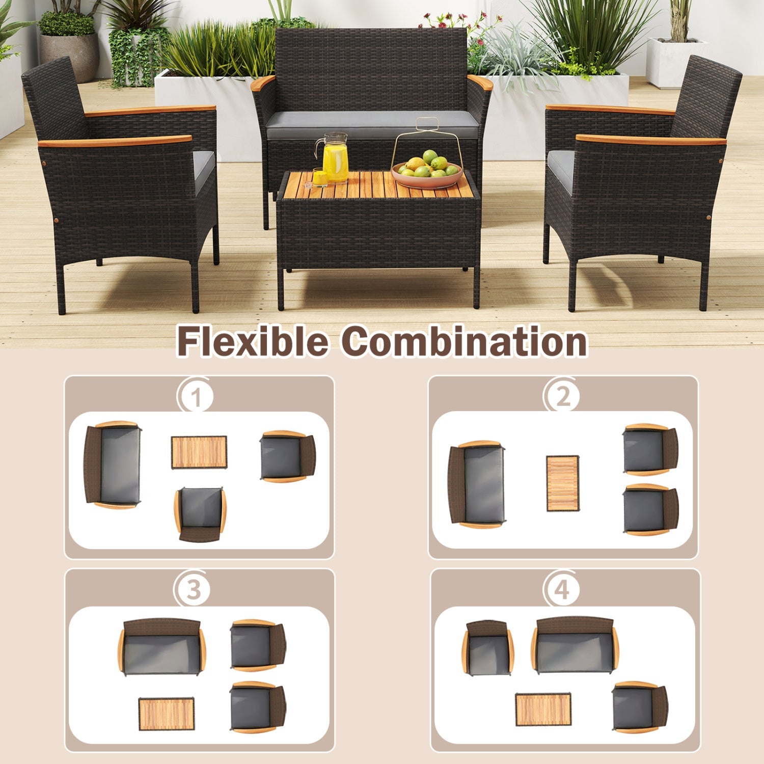8 Piece Patio Wicker Sofa Set 4 Rattan Chairs and 2 Loveseat with 2 Table