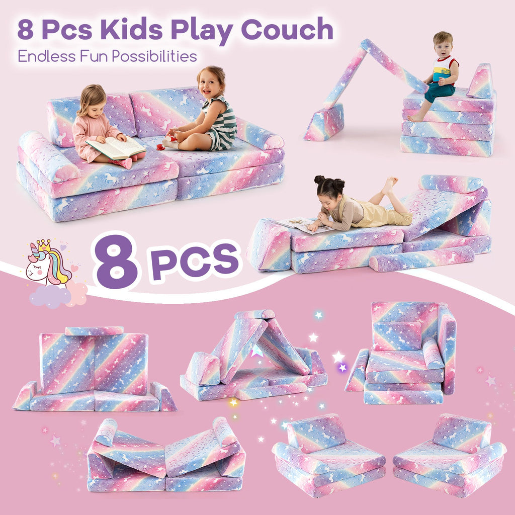 8 Pieces Modular Kids Play Couch Glow in the Dark Toddler Sectional Sofa-Multicolor