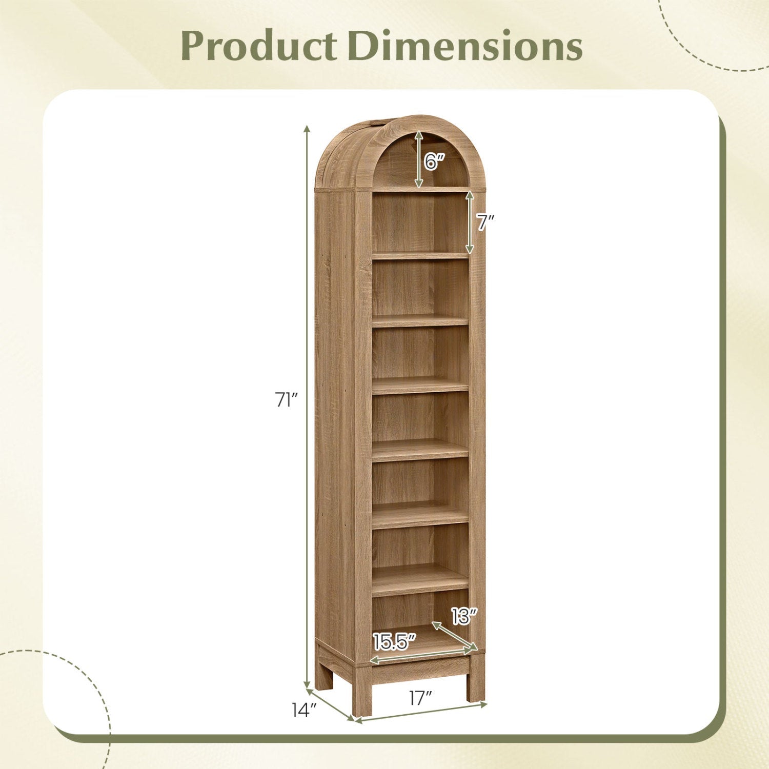 8-Tier Modern Arch Bookshelf with 3 Adjustable Shelves
