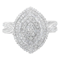 .925 Sterling Silver 1.0 Cttw Round & Baguette-Cut Diamond Marquise-Shaped Cluster Triple Stepped Halo Cocktail Fashion Ring (I-J Color, I2-I3 Clarity) - Size 7
