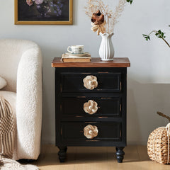 Rustic Dark Blue 2-Drawer Wooden Cabinet with Aged Finish & Floral Handles