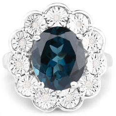 5.11 Carat Genuine London Blue Topaz and White Diamond .925 Sterling Silver Ring