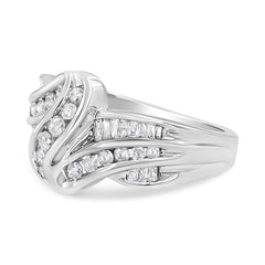 10K White Gold Ring 3/4 Cttw Round and Baguette-Cut Diamond Bypass Ring (H-I Color, I2-I3 Clarity) - Size 6
