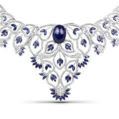 40.93 Carat Genuine Glass Filled Sapphire and White Diamond .925 Sterling Silver Necklace