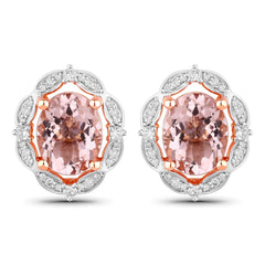 3.52 Carat Genuine Morganite and White Diamond 14K Rose Gold Earrings