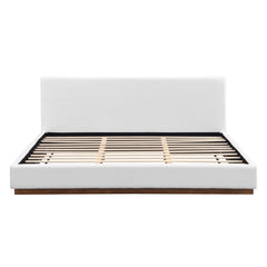 Elegant Boucle Upholstered Bed With Wood Grain Textured Solid Wood Base Frame