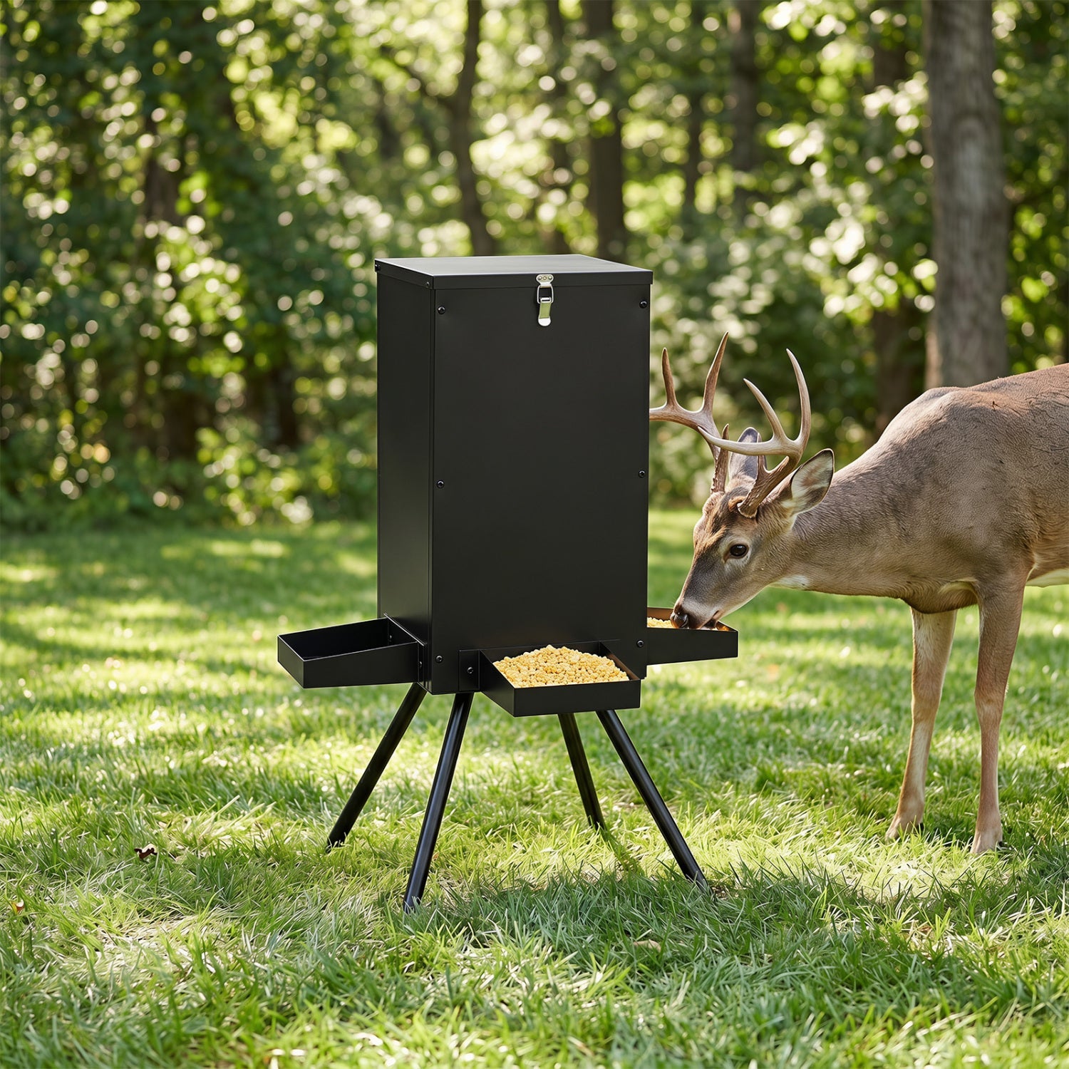 90LB Gravity Deer Feeder with 4 Feeding Trays and Stand