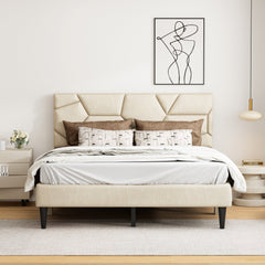 Queen Bed Frame with Linen Storage Headboard in Beige