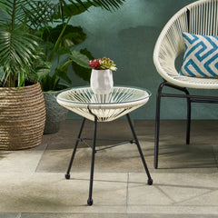 Modern NUSA Side Table with Tempered Glass Top and Polyethylene Rattan Base in White