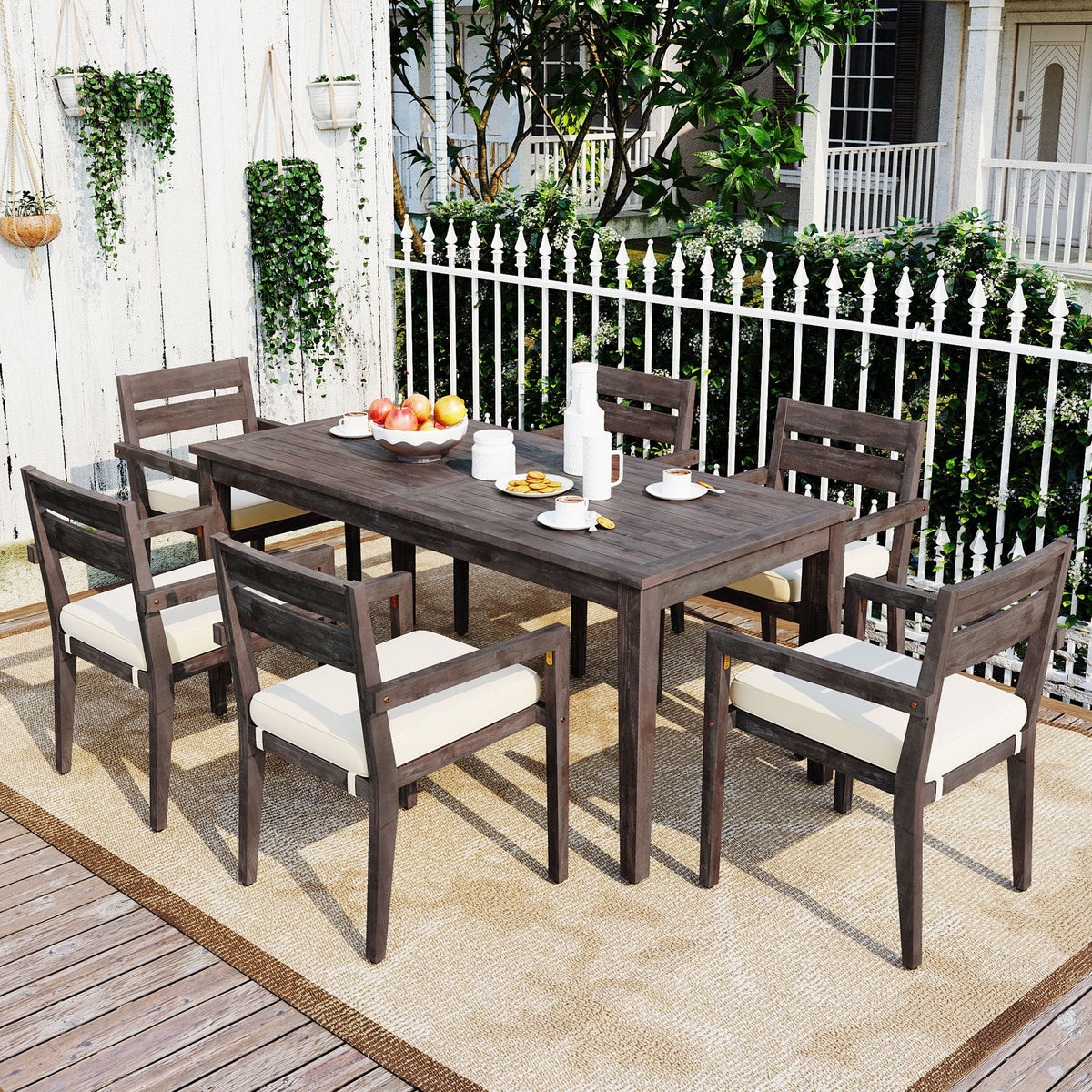 7 Pieces Acacia Wood Outdoor Dining Set with Cushions