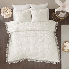 Tufted Cotton Chenille Medallion Fringe Coverlet Mini Set Off-White Full/Queen