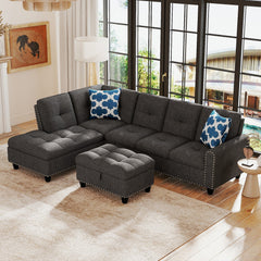 98 Inches Sectional Sofa Couch with Movable Storage Ottoman and Linen Fabric Backs