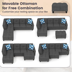 98 Inches Sectional Sofa Couch with Movable Storage Ottoman and Linen Fabric Backs