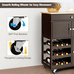 Kitchen Cart with Rubber Wood Top 3 Tier Wine Racks 2 Cabinets