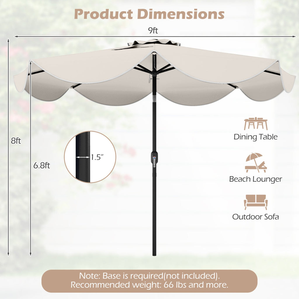 9 FT Scalloped Solar Patio Umbrella Market Table Umbrella with 24 LED Lights