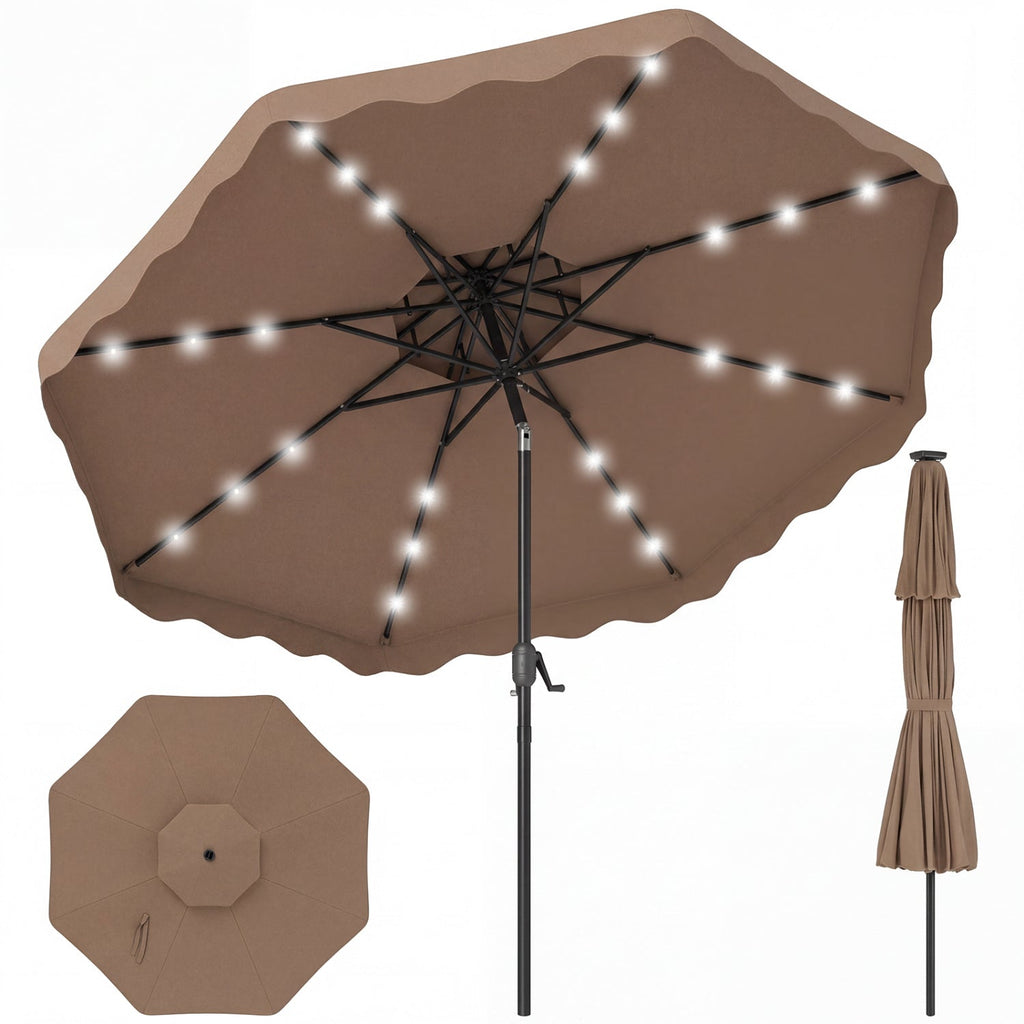 9 FT Solar LED Patio Umbrella Push-Button Tilt and Crank 24 LED Lights and 8 Ribs