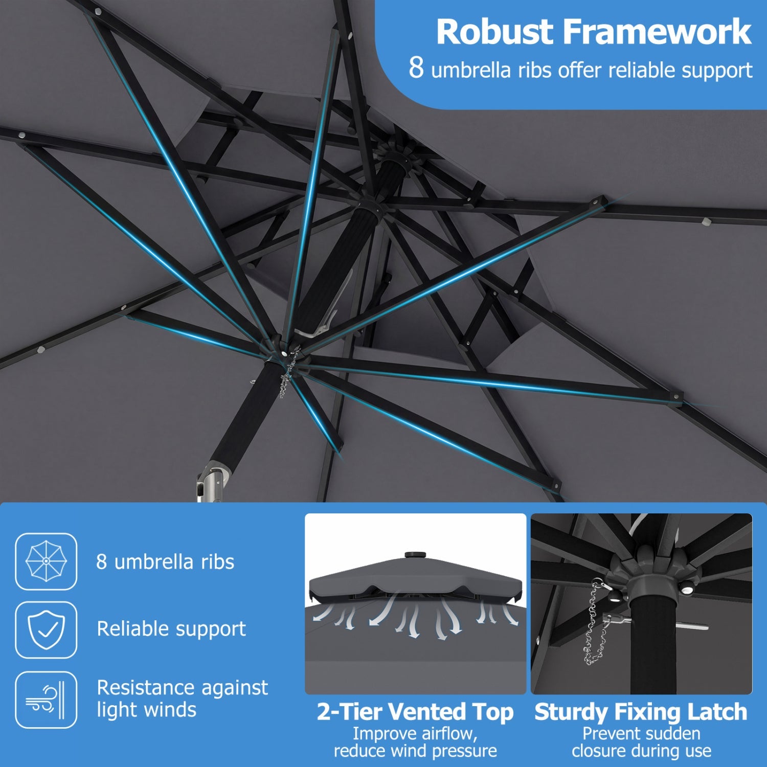 9 FT Solar LED Patio Umbrella Push-Button Tilt and Crank 24 LED Lights and 8 Ribs