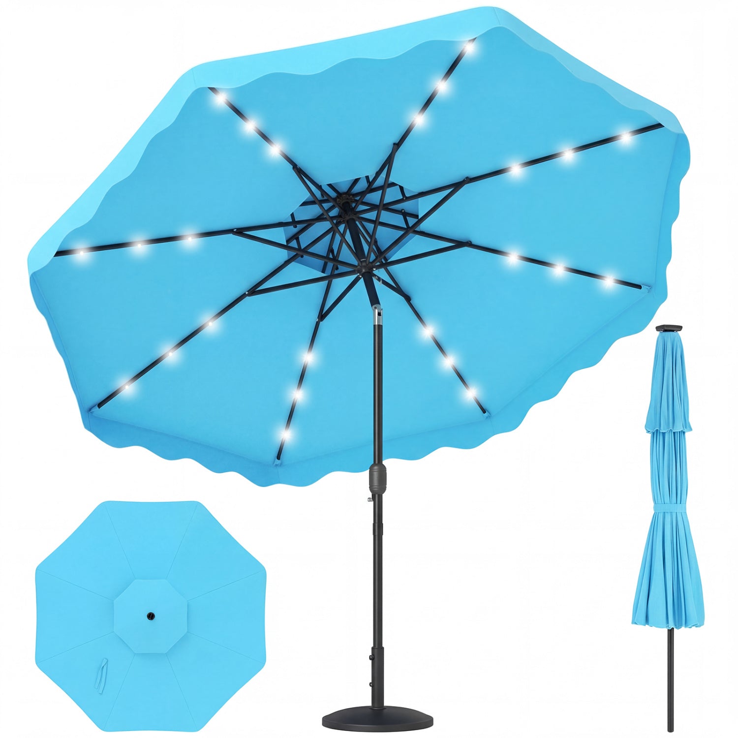 9 FT Solar LED Patio Umbrella Push-Button Tilt and Crank 24 LED Lights and 8 Ribs