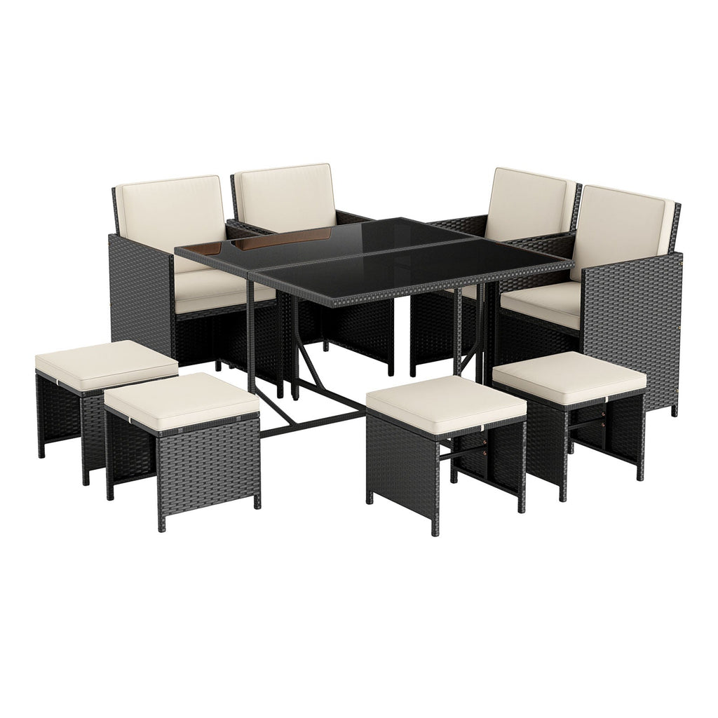 9 Piece Patio Dining Set with Tempered Glass Table and Ottoman-White