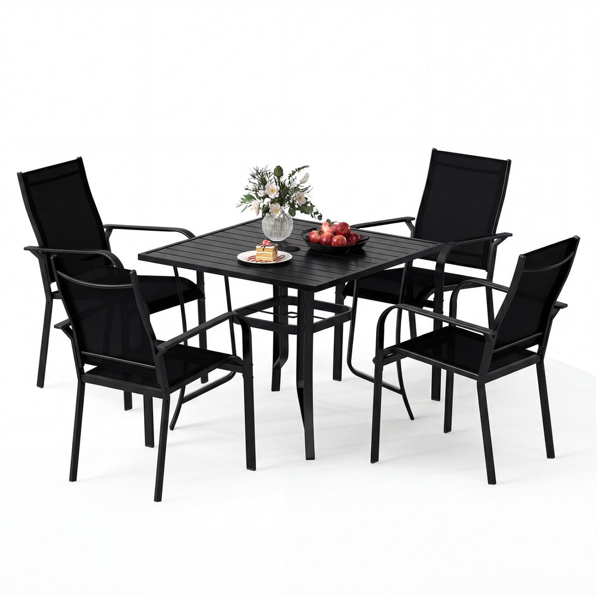 5 Pieces Patio Dining Set for 4 Outdoor Square Table and Stackable Chairs