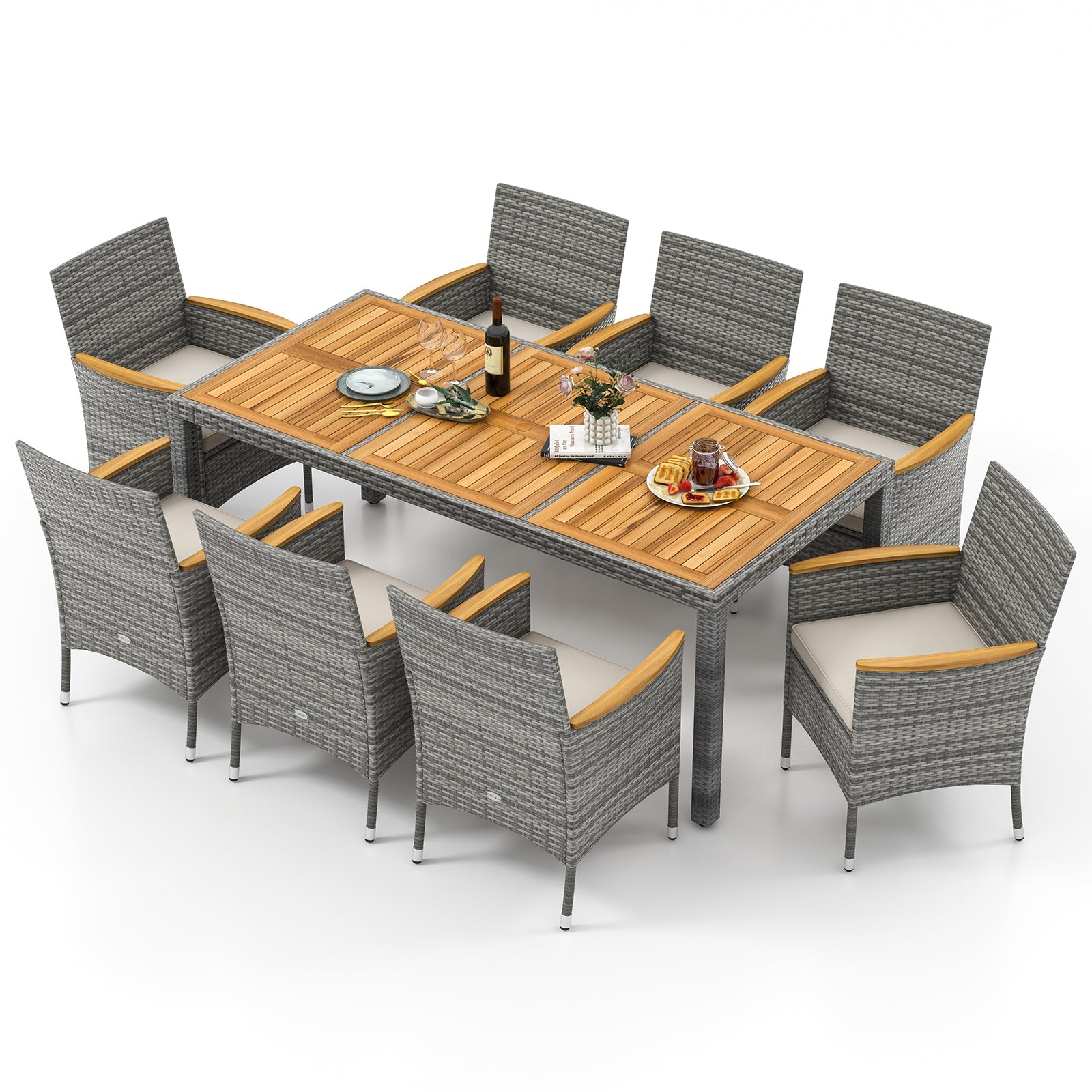 9 Pieces Patio PE Wicker Dining Set for Deck  Garden and Yard-White