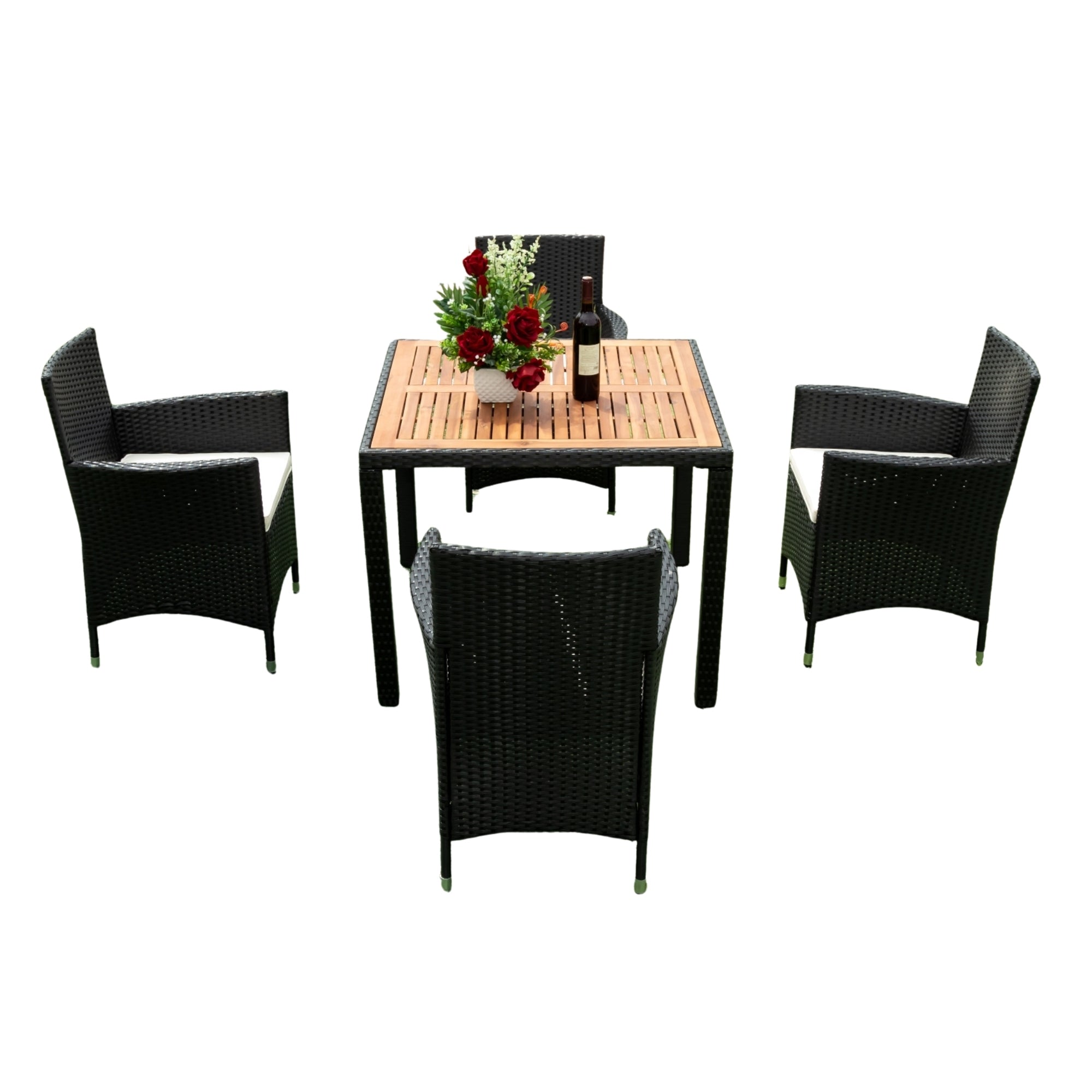 EELIFEE 5-Piece Outdoor Patio Wicker Dining Set with Acacia Wood Top