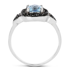 1.19 Carat Genuine Swiss Blue Topaz & Black Diamond .925 Sterling Silver Ring