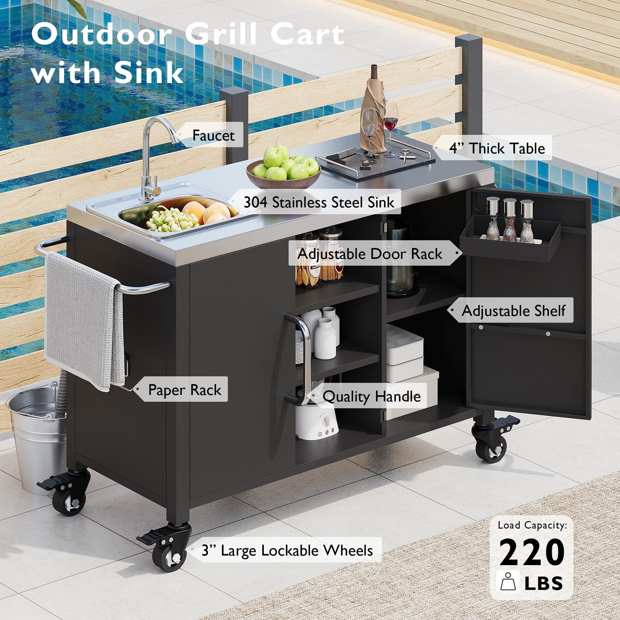 K&K 55.5' Outdoor Kitchen Island with 304 Stainless Steel Sink
