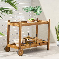 Bar Cart with Wine Bottle Holders, Acacia Wood
