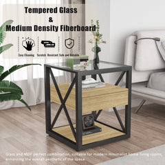 1 Piece Modern End Table with Drawer - Natural Wood & Tempered Glass