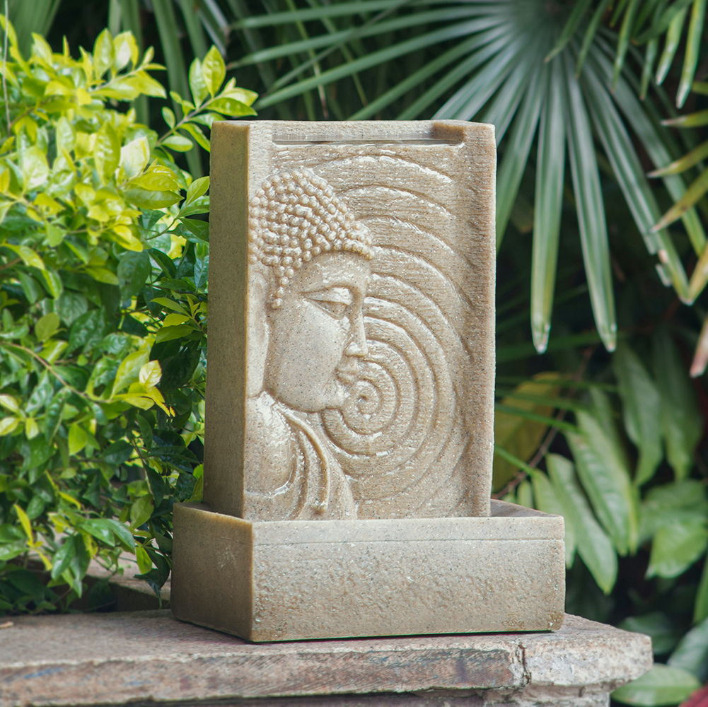 Indoor Buddha Water Fountain Polyresin Tabletop Fountain with LED Light - Beige