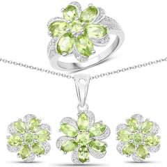 8.04 Carat Genuine Peridot and White Topaz .925 Sterling Silver 3 Piece Jewelry Set (Ring, Earrings, and Pendant w/ Chain)