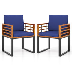 Acacia Wood Outdoor Dining Chairs Set of 2 with Soft Cushions-Navy