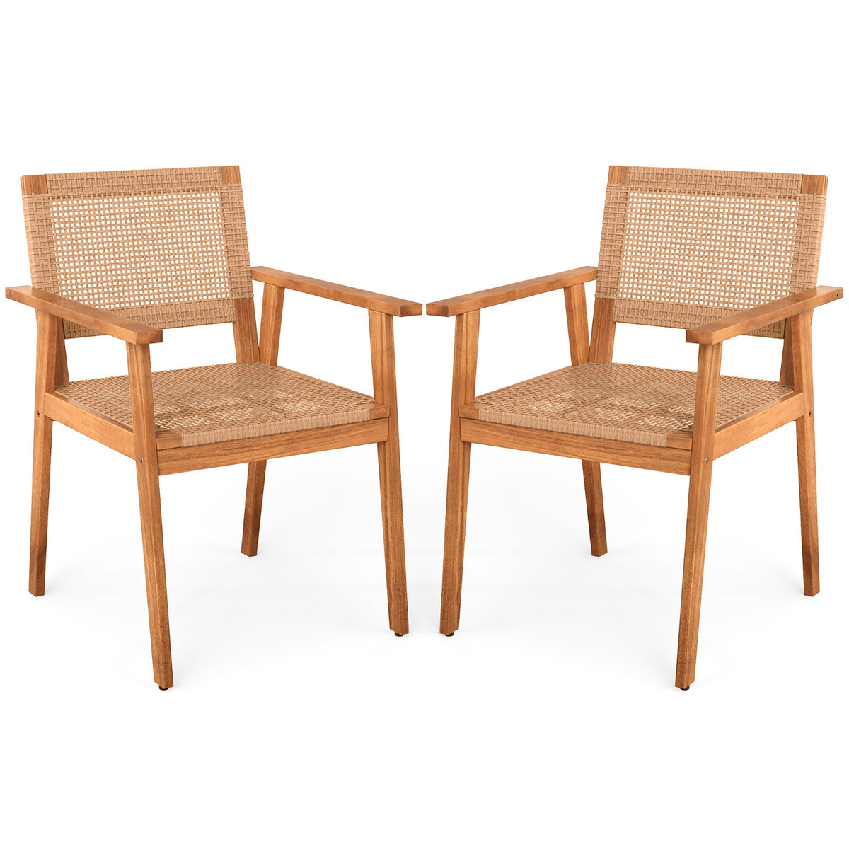 Acacia Wood Outdoor Dining Chairs Set of 2 PE Rattan Patio Chairs with Backrests and Armrests
