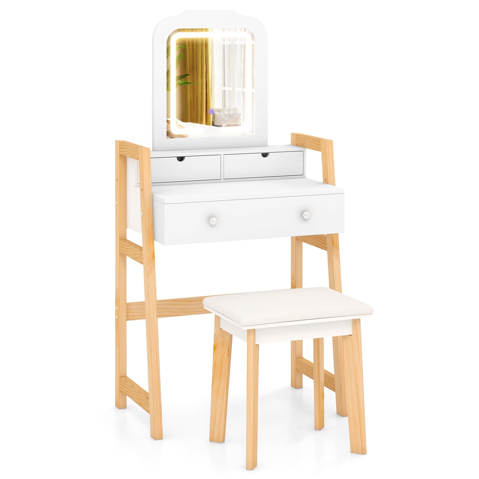 Adjustable Height Vanity Desk Set with 3-Color LED Lighted Mirror and Drawers-White