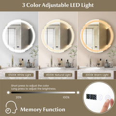 Anti-Fog Round Led Bathroom Mirror with 3 Color LED Lights