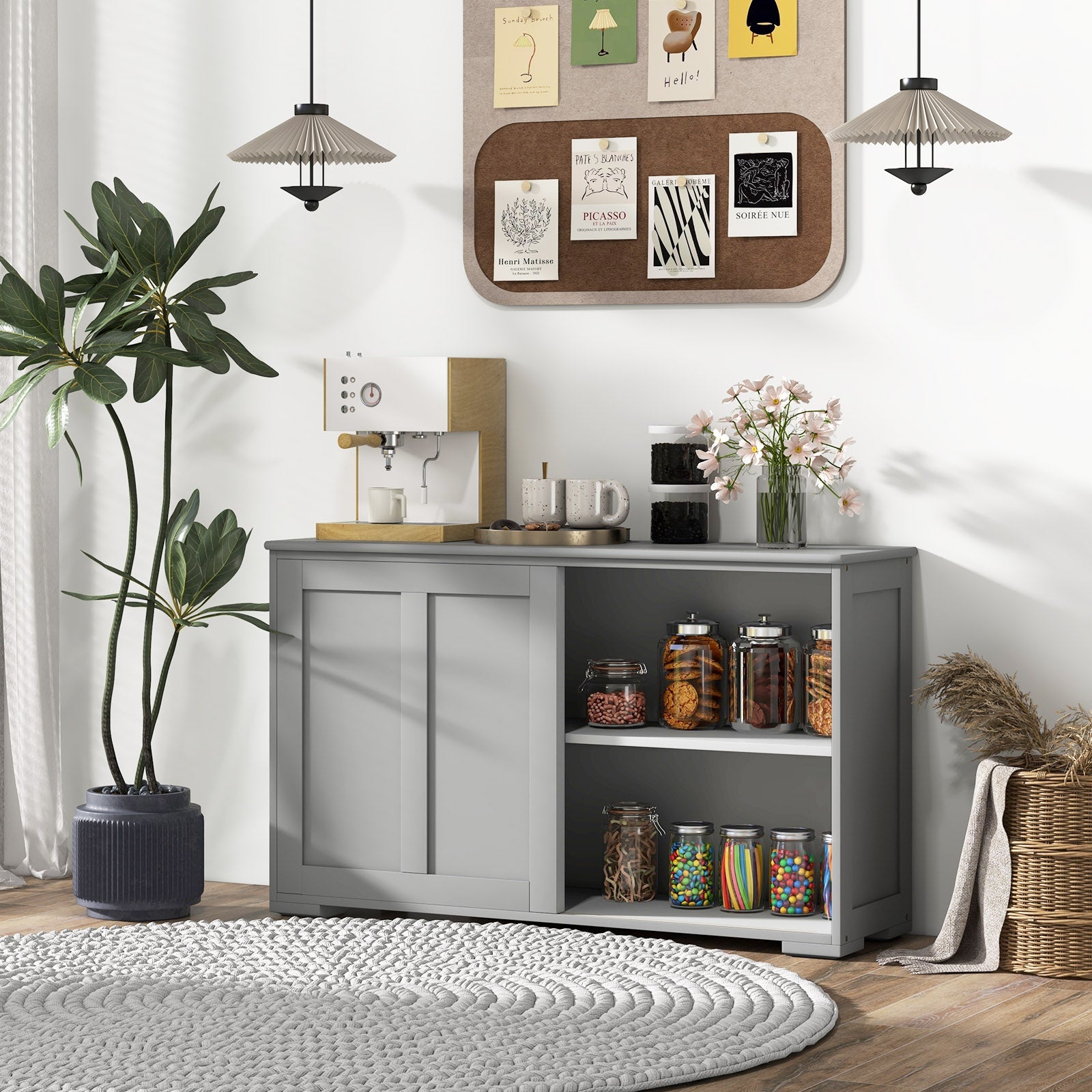 Antique Stackable Kitchen Storage Sideboard with Height Adjustable Shelf-Gray