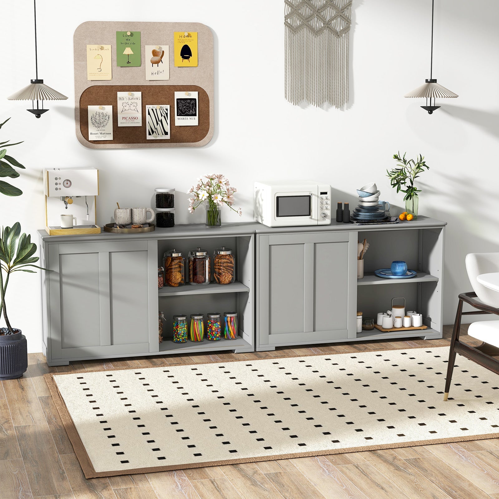 Antique Stackable Kitchen Storage Sideboard with Height Adjustable Shelf-Gray
