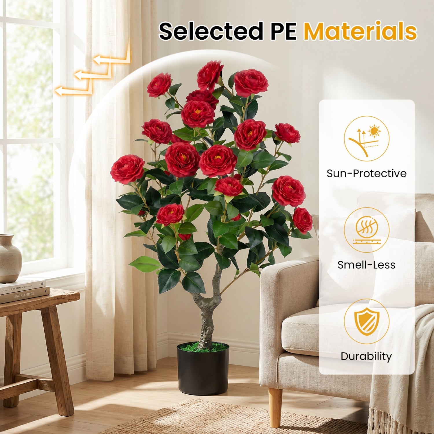 Artificial Camellia Tree in Cement Pot 35.5" Faux Flower Plant